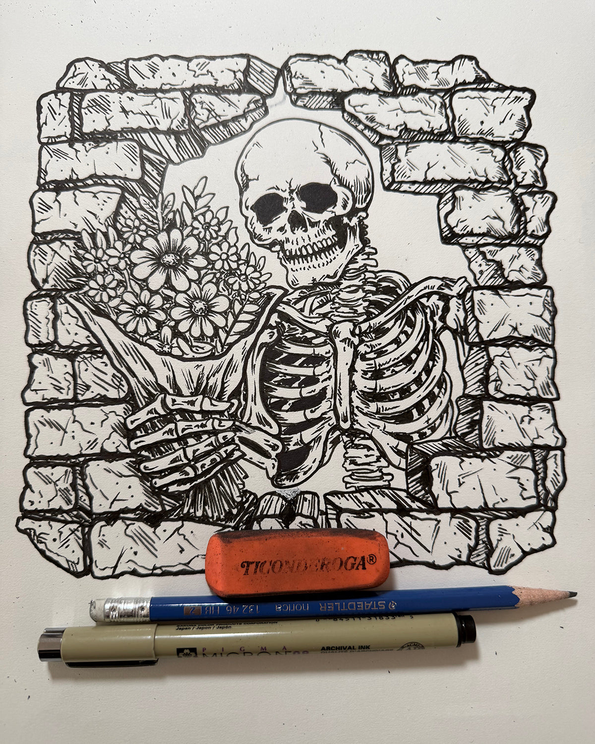 Skeleton and Flowers Sketch
